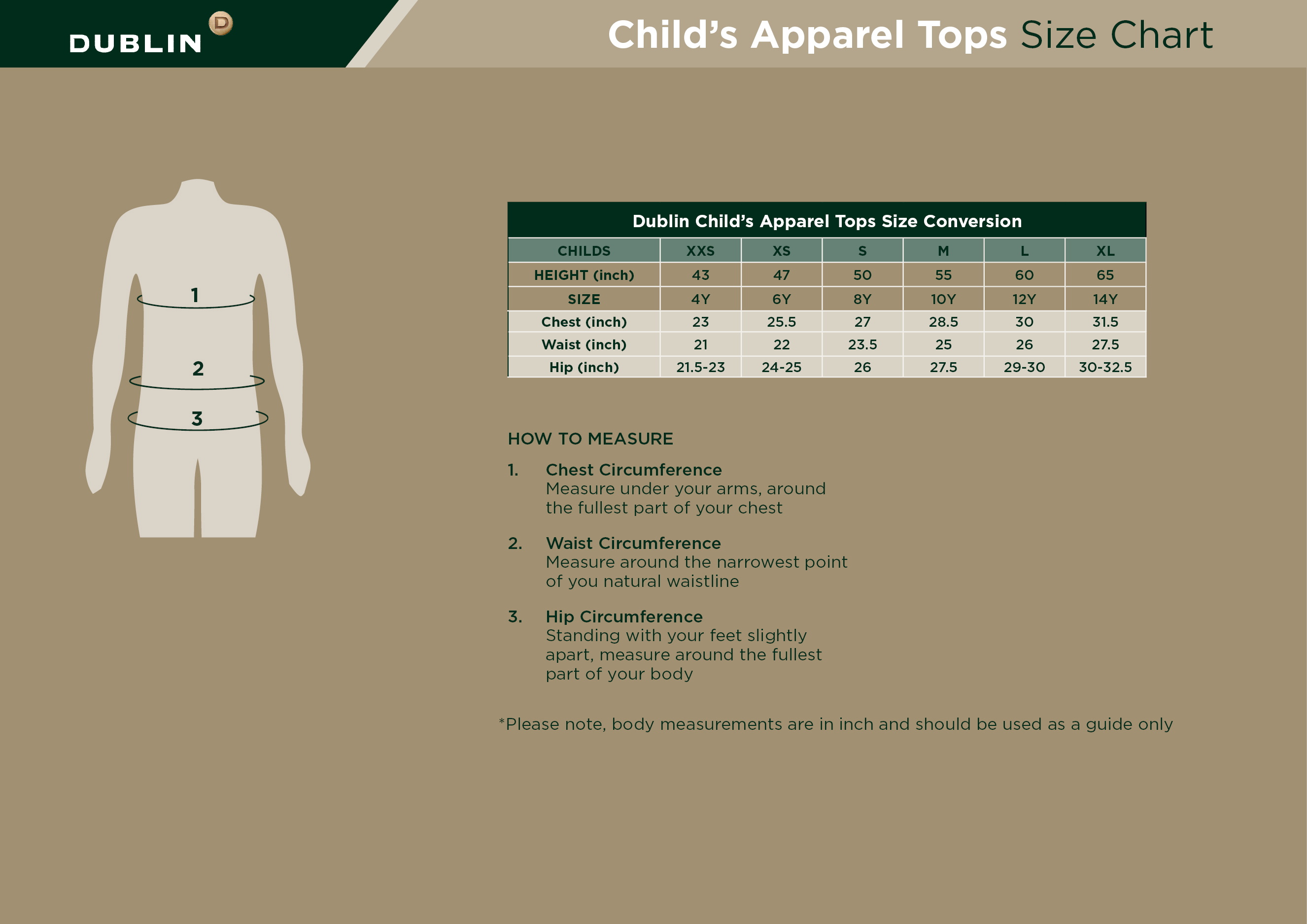 DUBLIN JUNIOR TOPS 24  Size Chart
